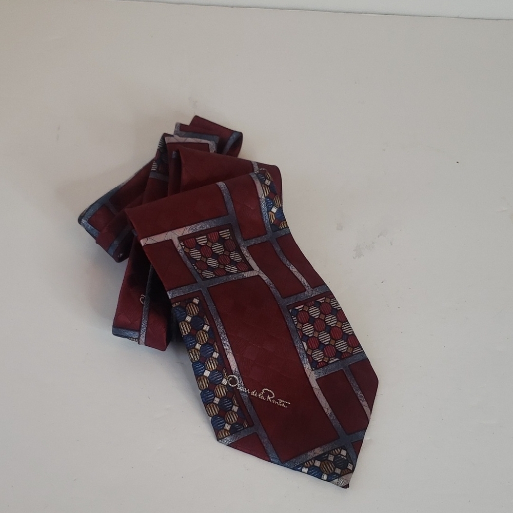Oscar de la Renta Crimson Red and Blue Neck Tie Geometric Design
